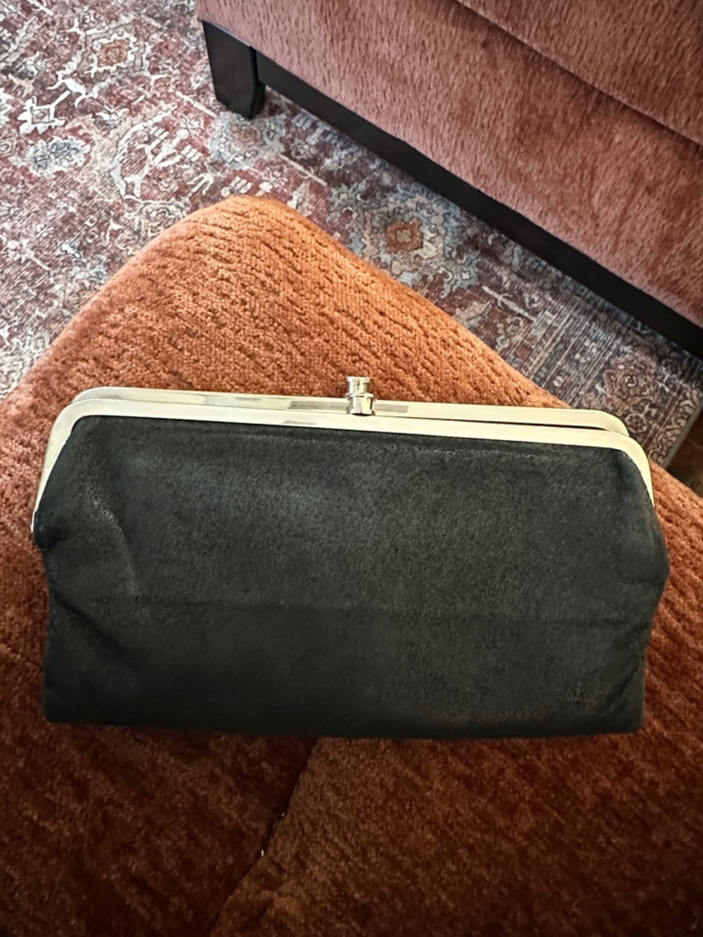 HOBO Lauren Black Suede Frame Clutch Wallet with Silver Trim